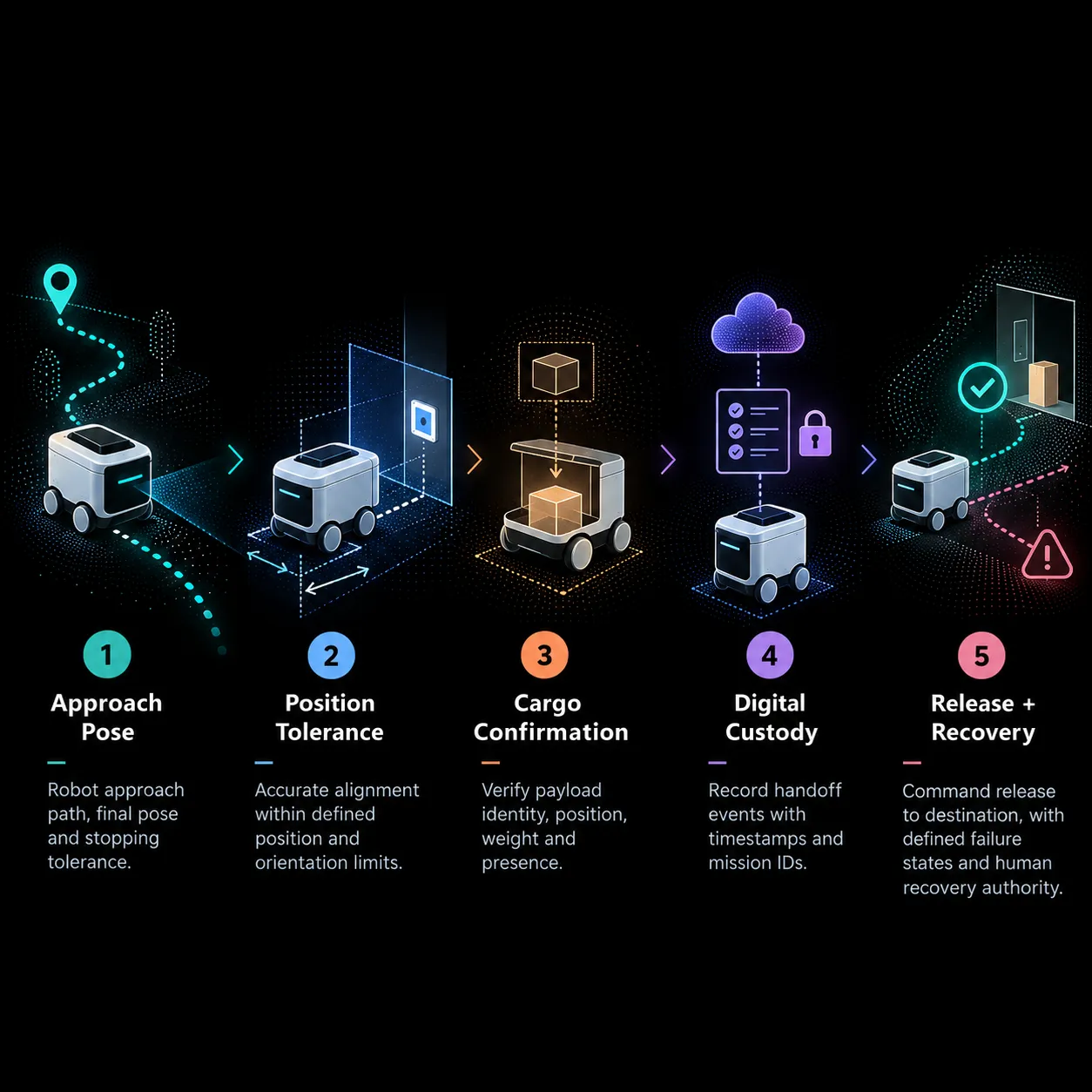 Five essential robot logistics handoff controls: approach pose, position tolerance, cargo confirmation, digital custody, and release and recovery