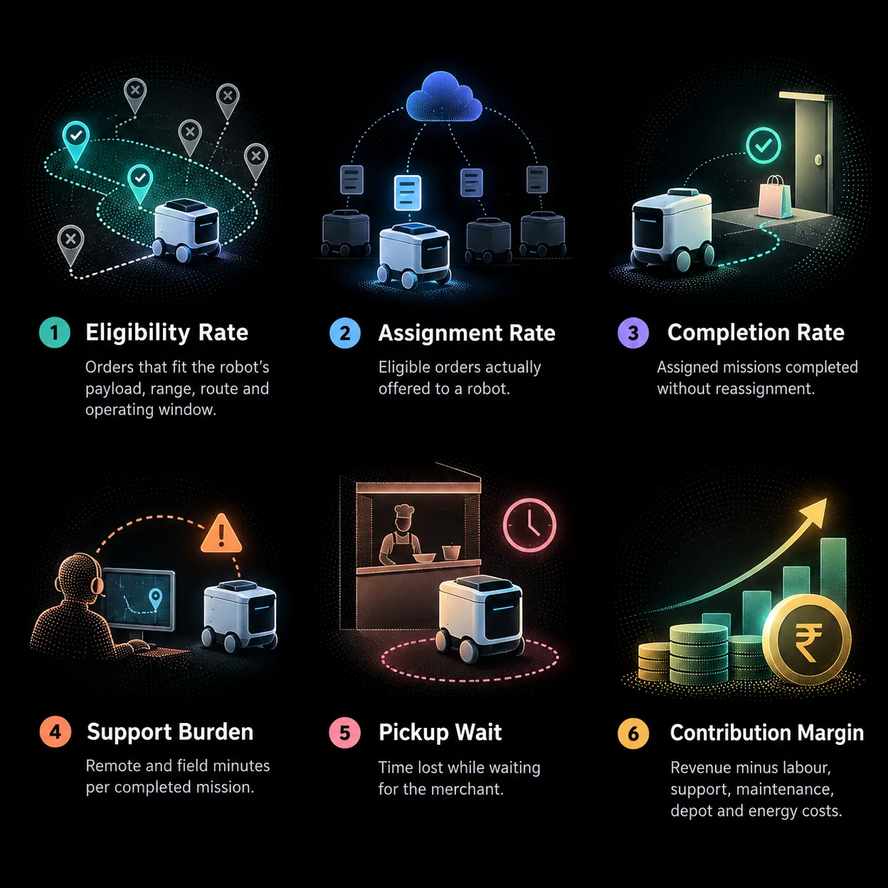 Six essential autonomous delivery robot metrics visualized : eligibility, assignment, completion, human support, pickup delays, and contribution margin.
