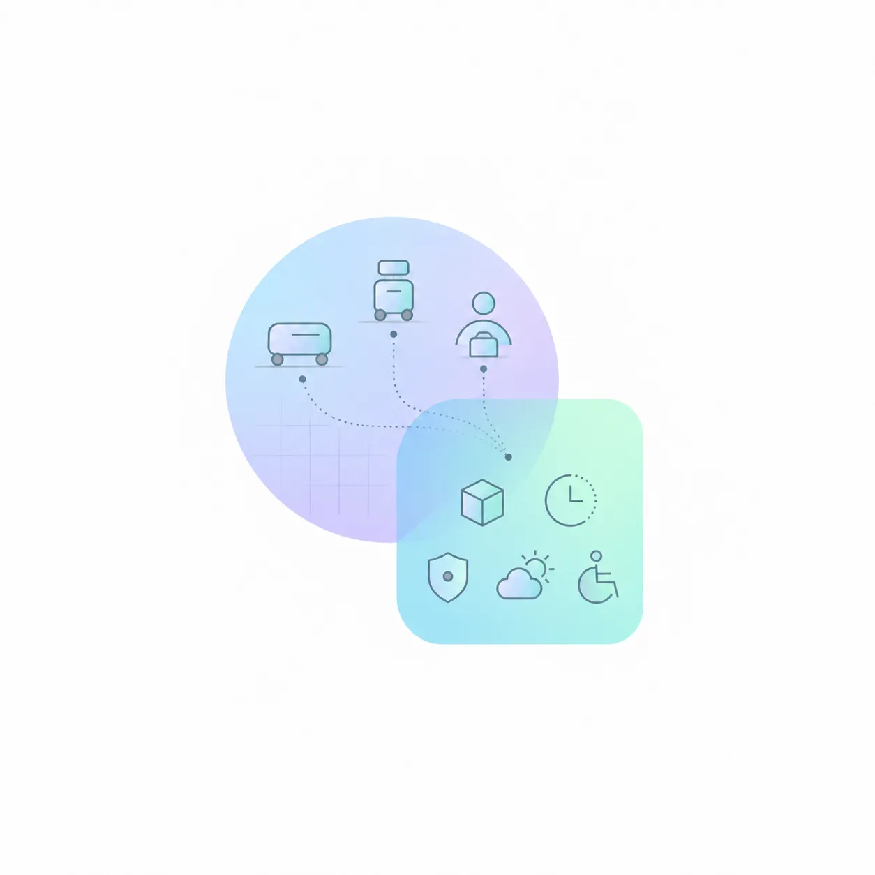 Two overlapping pastel shapes centered on white, with generous surrounding space. Outdoor and indoor delivery robots and a human courier connect through dotted paths to a mission card showing symbols for payload, time, custody, weather and accessibility.