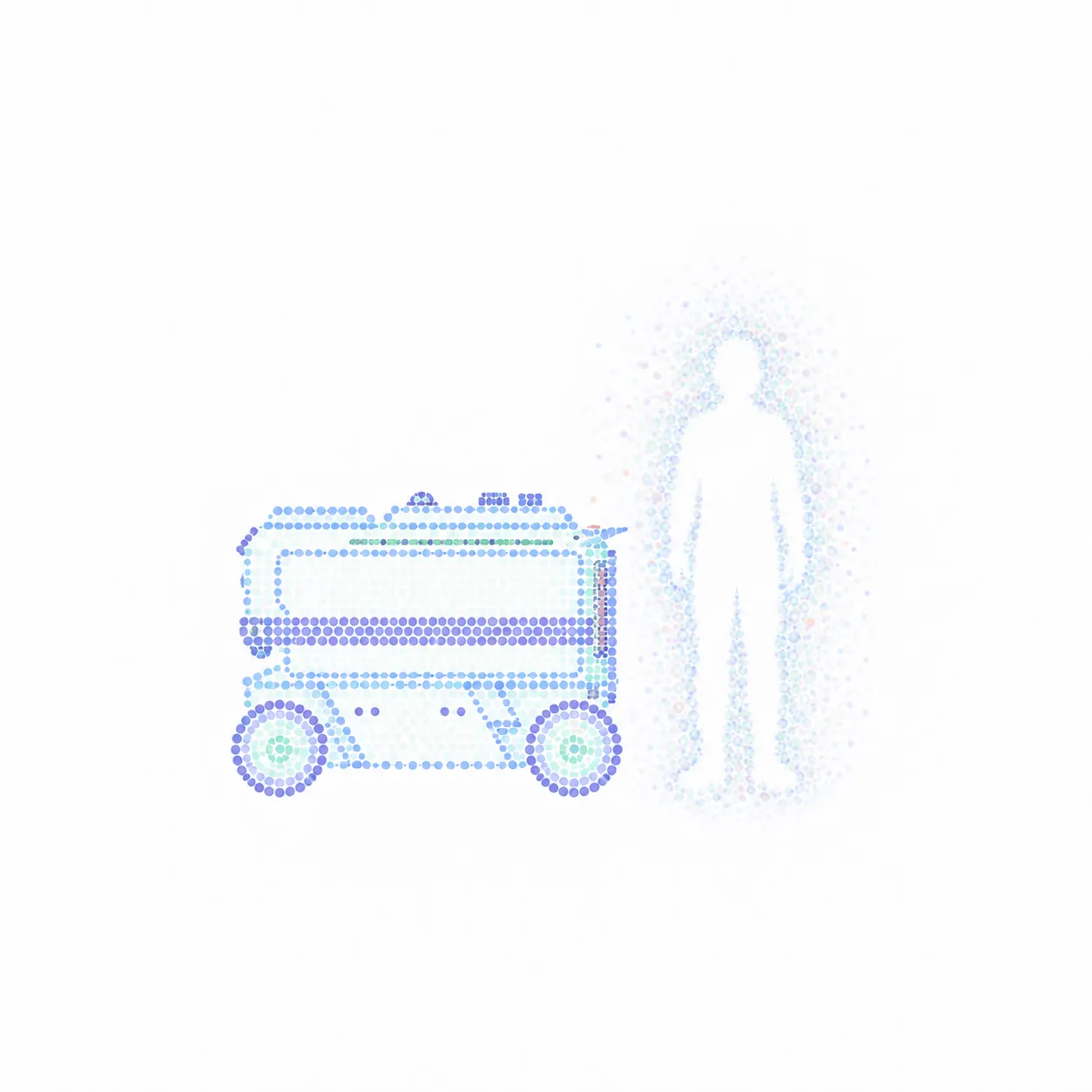 ZBot’s side profile formed from pastel dots beside an empty human silhouette surrounded by finer, softly blurred dots. Centered on a white square with generous negative space, the image suggests a robot operating without a nearby human.