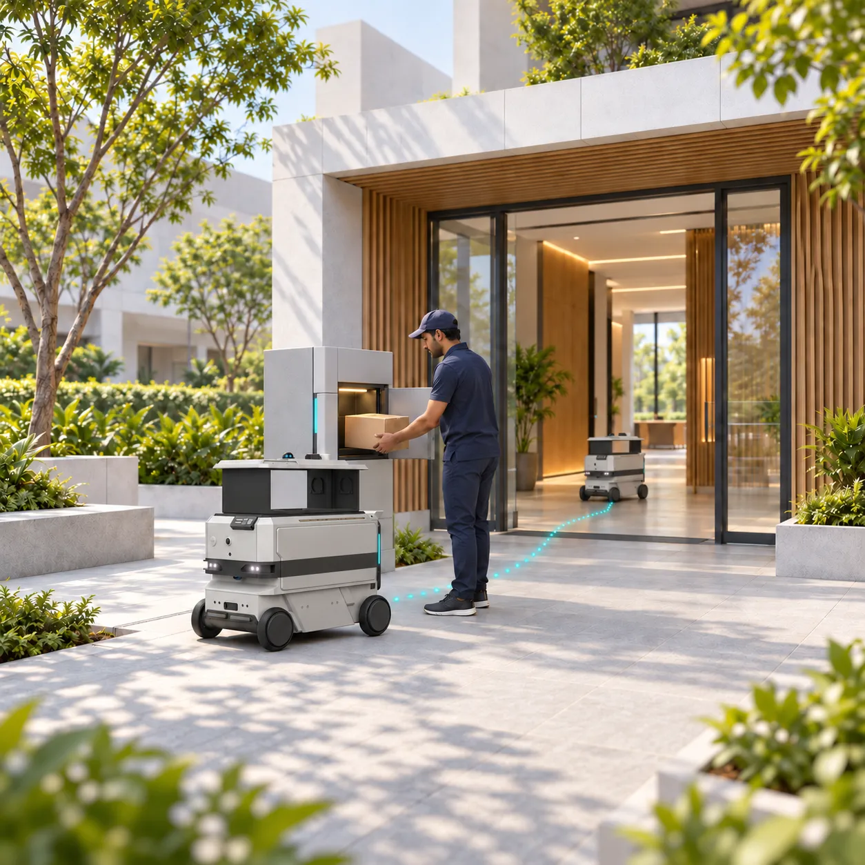 A courier loads a parcel into a secure locker beside ZiBOT. Teal route dots lead to a second ZiBOT inside the sunlit campus entrance.